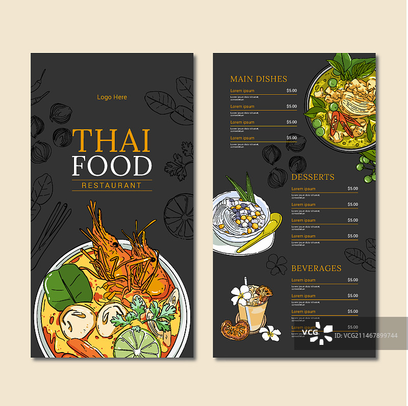 手绘竖版泰国美食菜单模板图片素材
