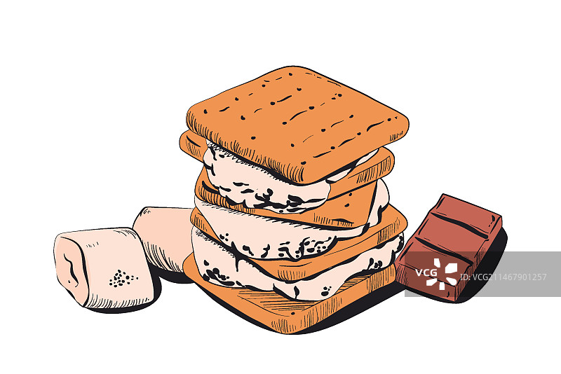 手绘雕刻风格的烤棉花糖甜点插画图片素材