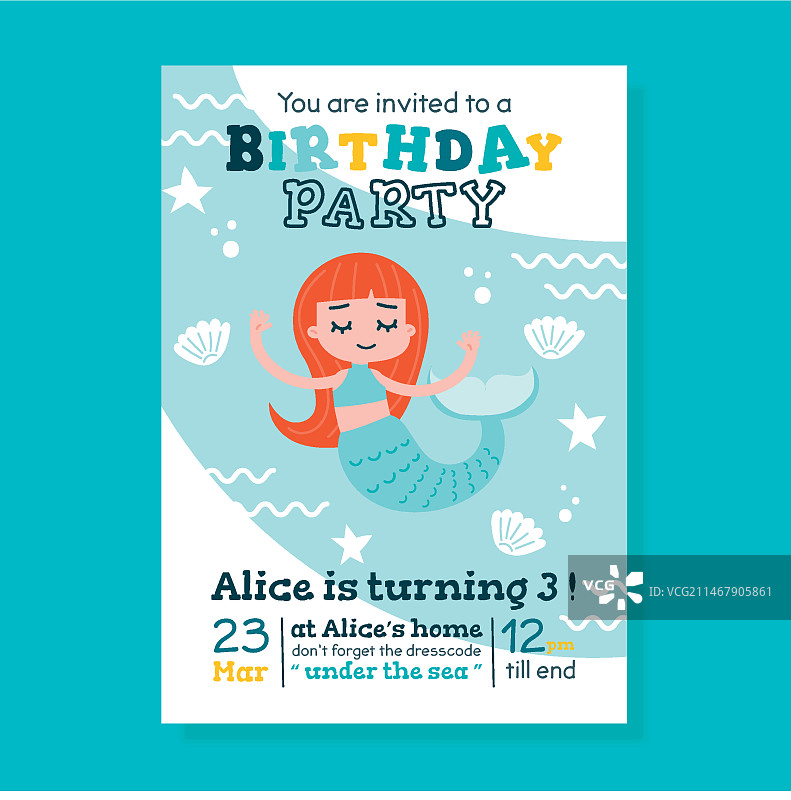 儿童美人鱼生日卡/邀请函模板图片素材