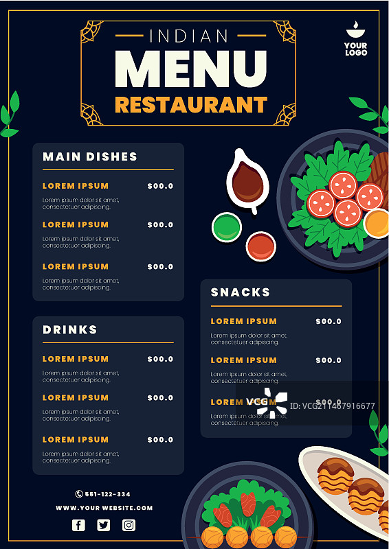 扁平风格印度菜单模板图片素材