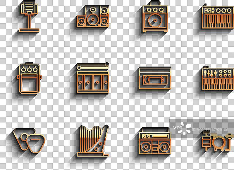 吉他拨片竖线排版设计、竖琴乐器、乐谱架和家用立体声音响图片素材