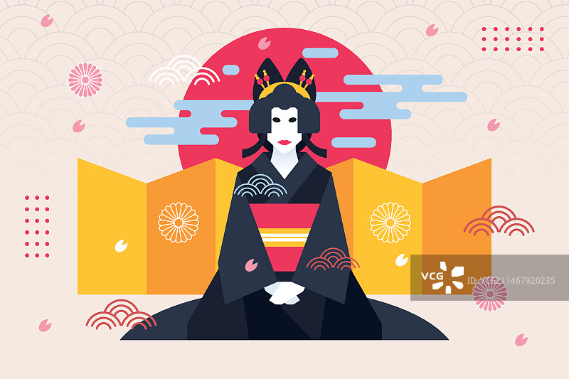 几何背景日式风格艺伎图片素材