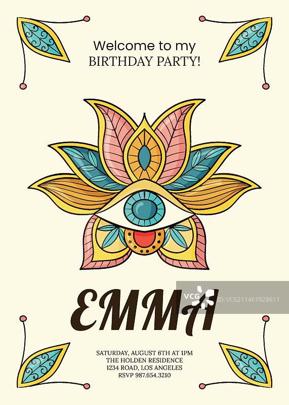 手绘波西米亚风生日邀请函模板图片素材
