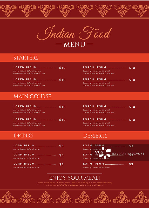 扁平风格传统印度餐厅菜单模板图片素材