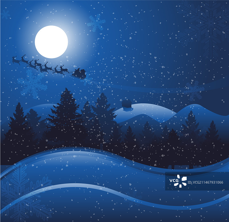 蓝色夜空圣诞老人雪橇剪影图片素材