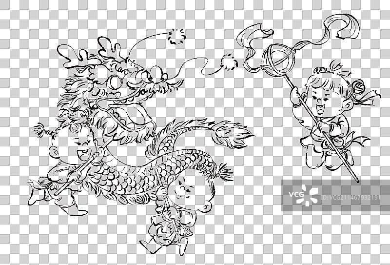 手绘水墨线条儿童舞龙中国龙传统节日免抠元素图片素材