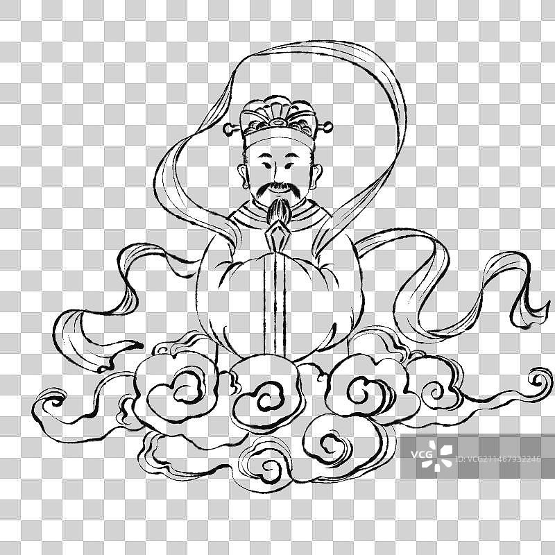 手绘水墨线条小年灶王爷祥云免抠元素图片素材