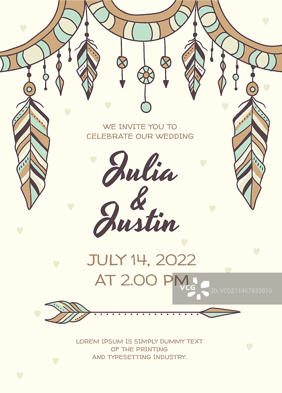 手绘波西米亚风格婚礼邀请函模板图片素材