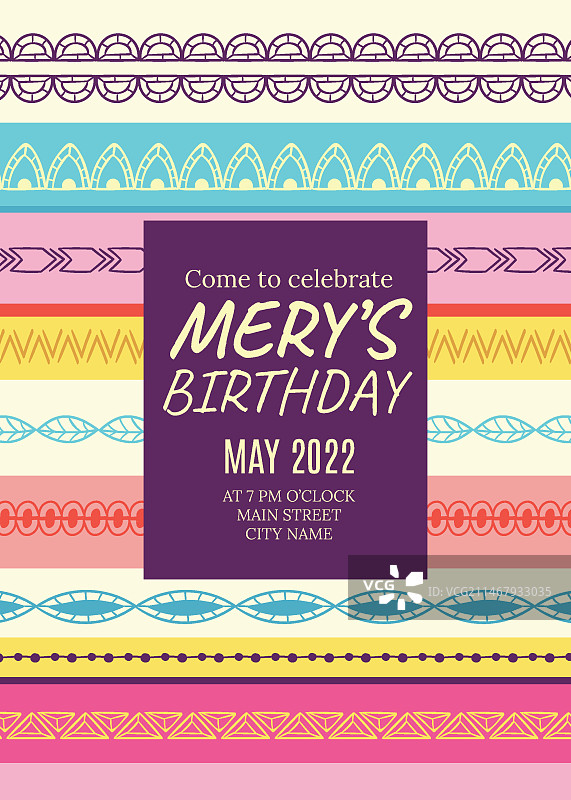 手绘波西米亚风生日邀请函模板图片素材