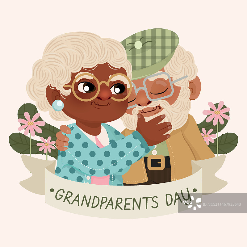 手绘祖父母节插画，老年夫妇图片素材