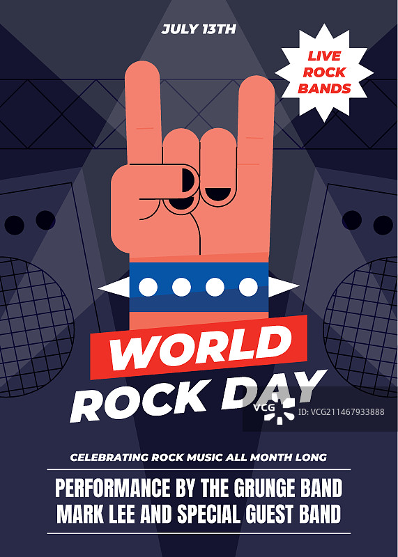 扁平风世界摇滚日海报模板：摇滚手势图片素材