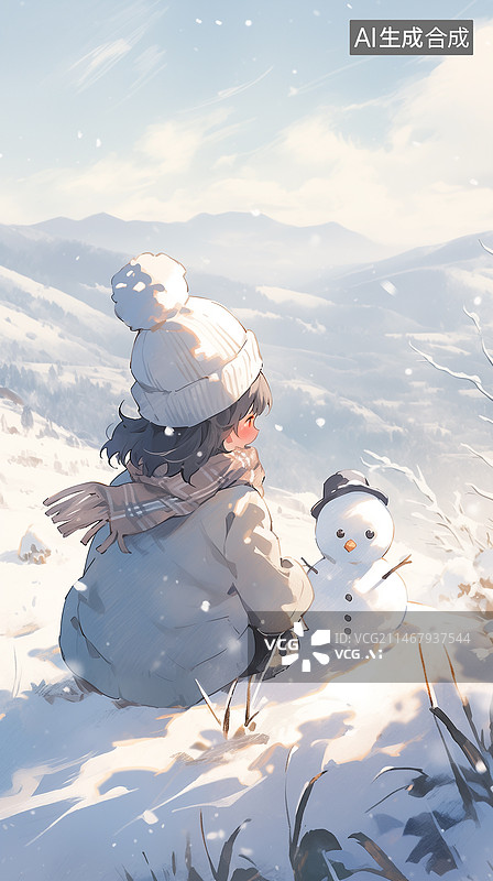 【AI数字艺术】孤独的女孩和雪人坐在山坡上看向远方图片素材