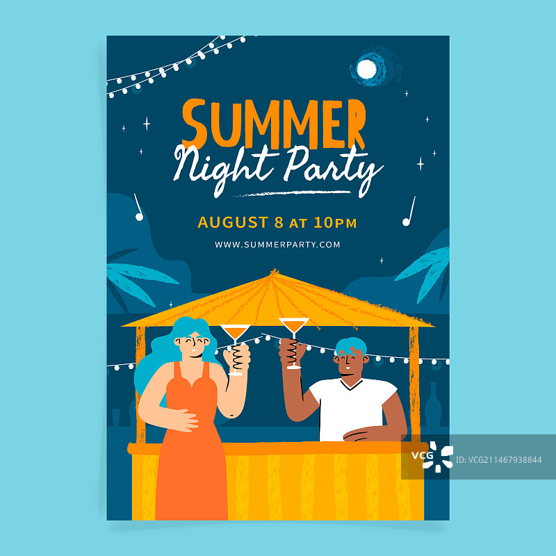 扁平风格夏日夜晚派对海报模板，人们在沙滩酒吧喝鸡尾酒图片素材