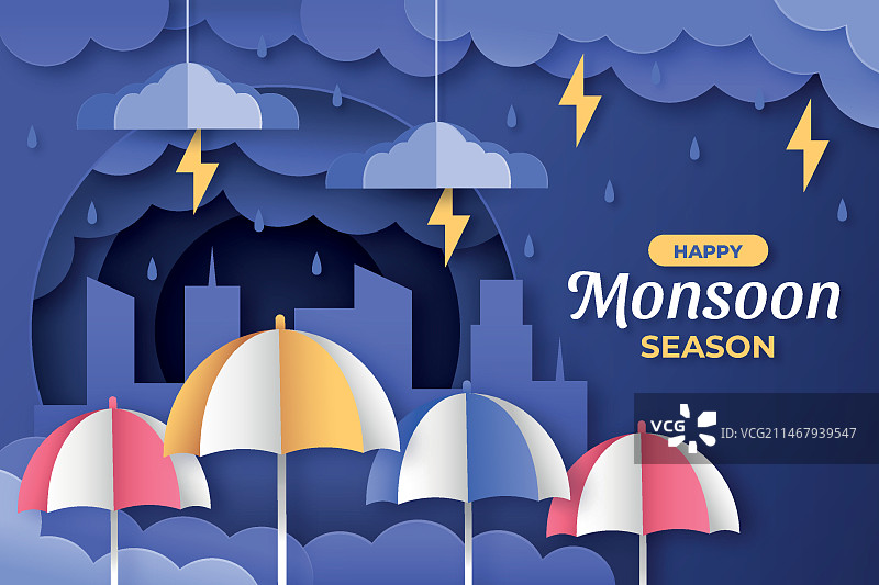 纸艺风格的季风季节插画图片素材