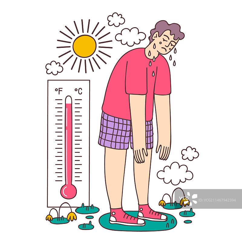 手绘夏季高温与人物温度计插画图片素材