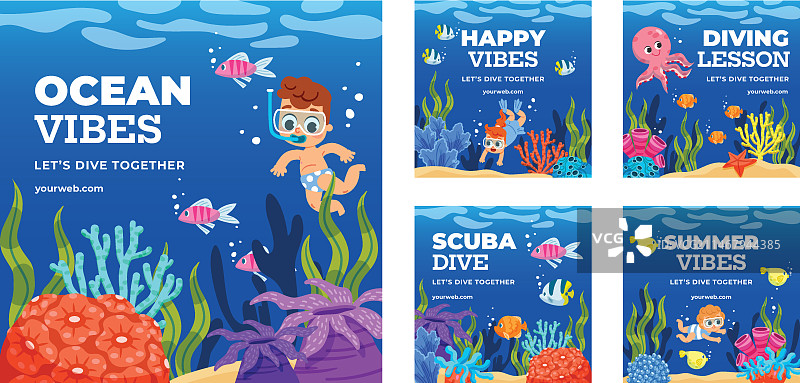 扁平风格潜水Instagram帖子合集图片素材