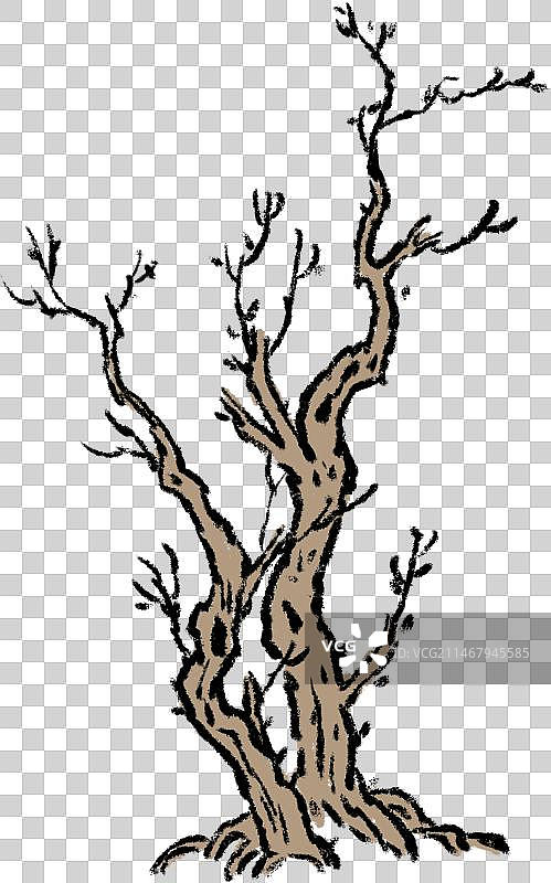 秋天里的枯树中国画元素图片素材