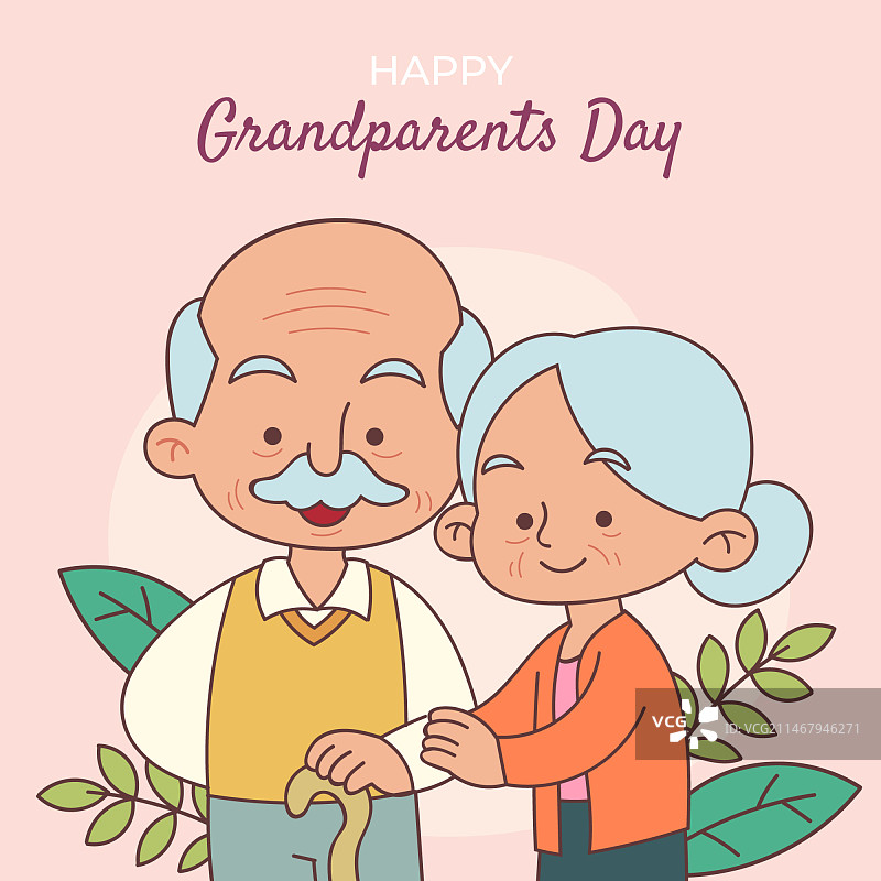手绘祖父母节插画，老年夫妇图片素材