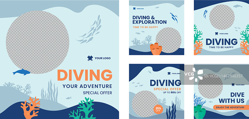 扁平风格水肺潜水Instagram帖子集图片素材