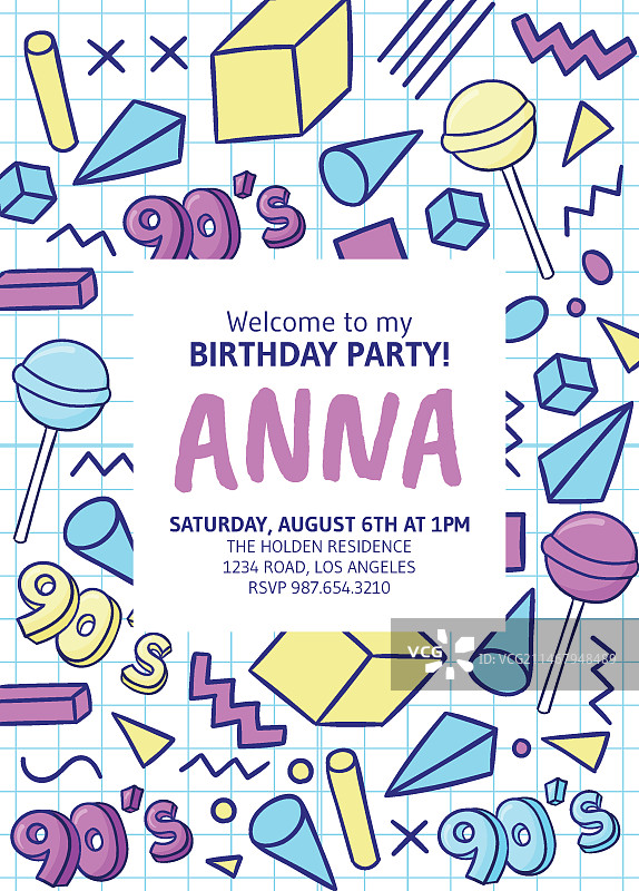 手绘怀旧90年代生日邀请函图片素材