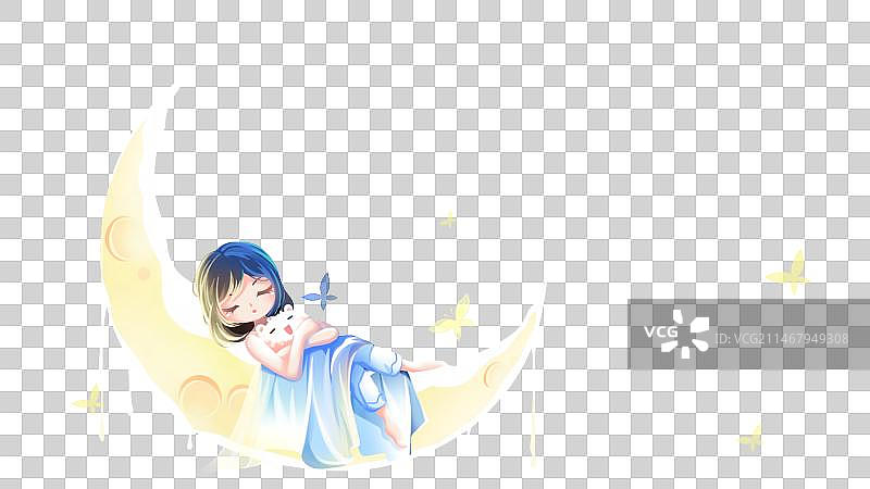 在月亮上睡觉的小女孩，清新卡通系列免扣元素图片素材