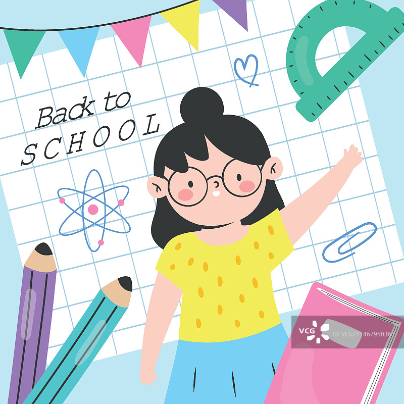 扁平风返校季女孩与学习用品插画图片素材