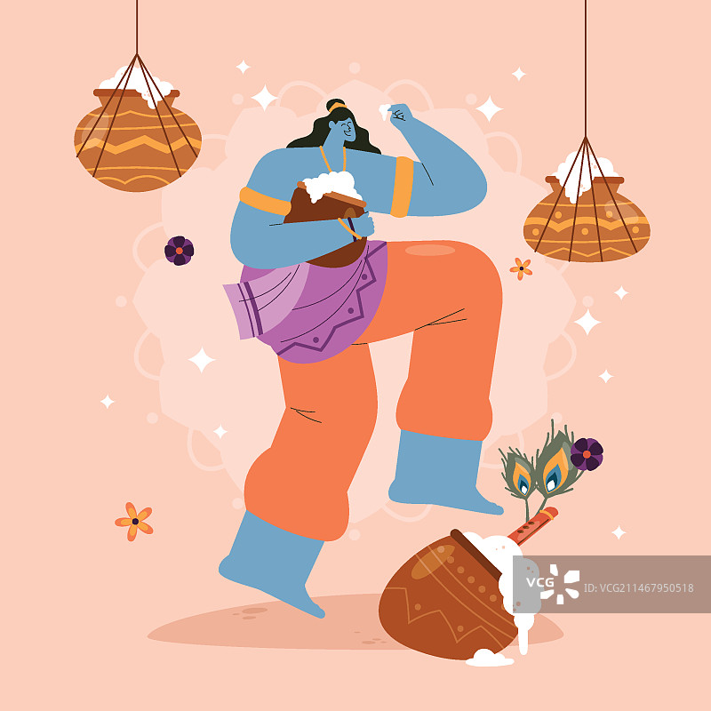 带有克利须那神和长笛的 Janmashtami 节日的扁平风格插画图片素材