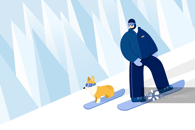 冬天带着宠物在滑雪场滑雪插画图片素材