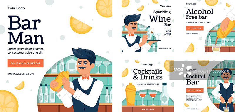 扁平风调酒师Instagram帖子合集图片素材