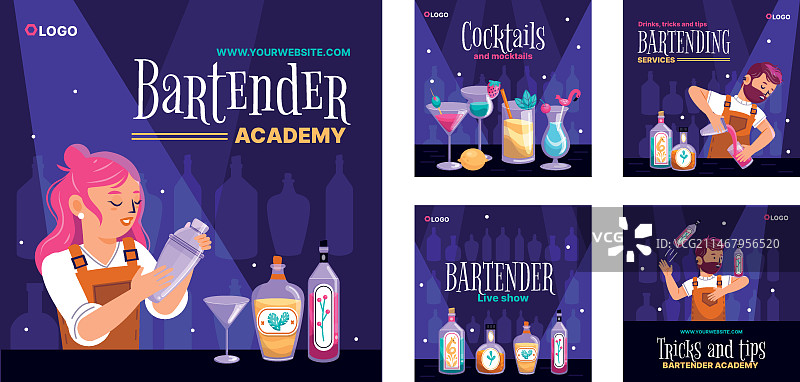 扁平风调酒师Instagram帖子合集图片素材