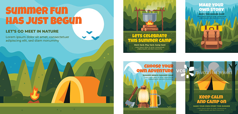 扁平风格夏季露营Instagram帖子合集图片素材