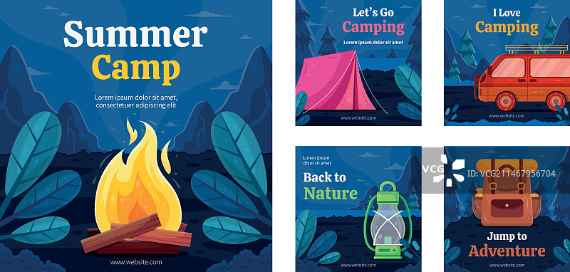 扁平风格夏季露营Instagram帖子合集图片素材