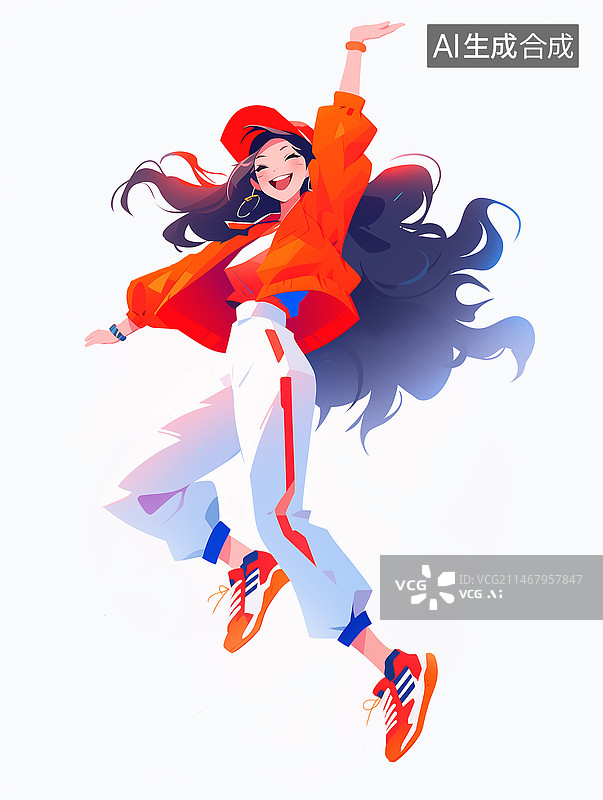【AI数字艺术】亚洲面孔女舞者在跳街舞的潮流插画图片素材