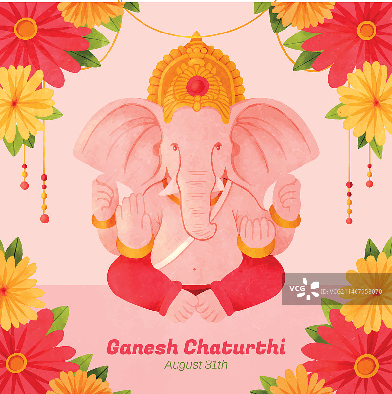 水彩象头神节插画图片素材