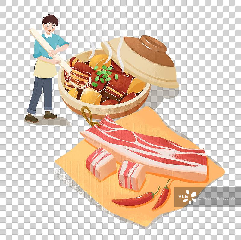 年俗节日炖大肉割年肉五花肉男人勺子一块肉砂锅炖肉图片素材
