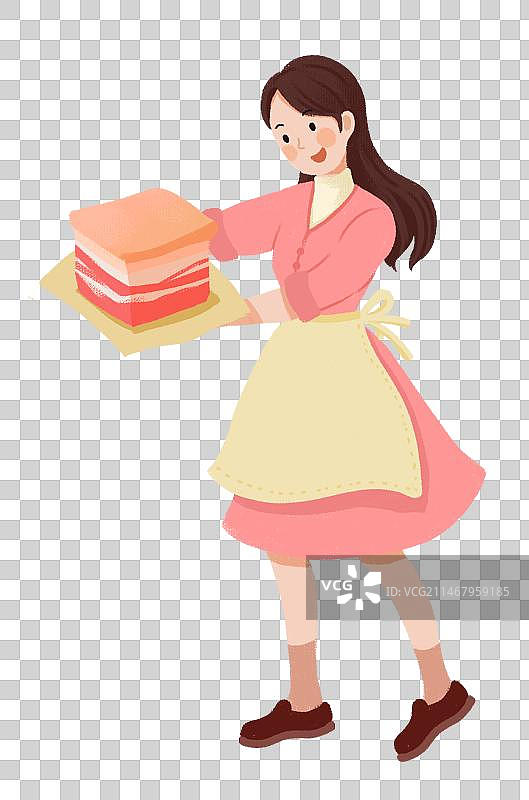 长发粉色连衣裙女人端着一块五花肉图片素材