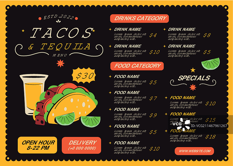 手绘墨西哥卷饼餐厅菜单模板图片素材