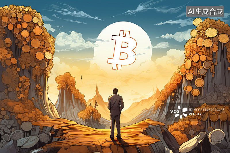 【AI数字艺术】一个男人站在巨大的金币上图片素材