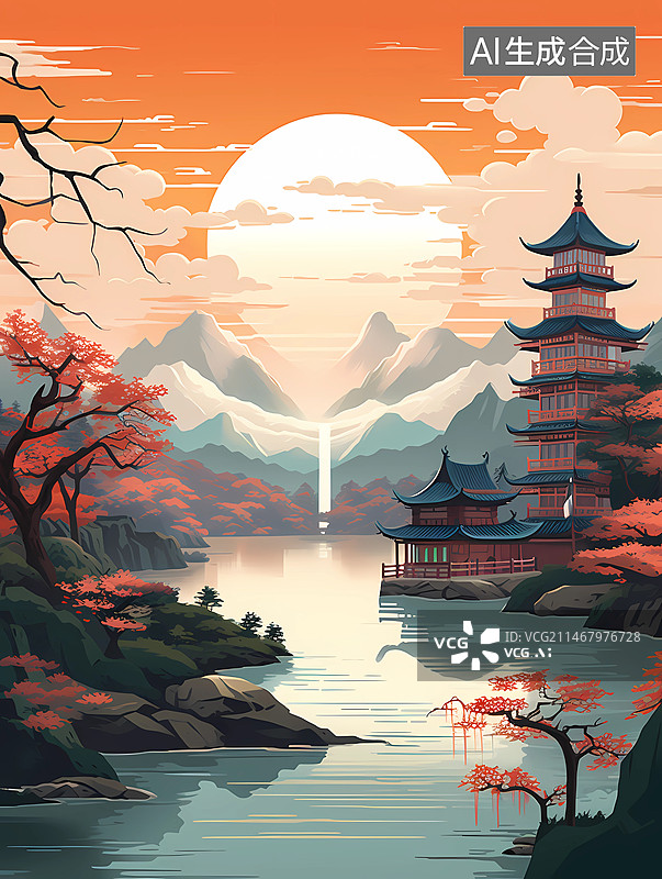 【AI数字艺术】国风艺术插画——夕阳西下，一座雄伟的望江楼屹立在江边图片素材