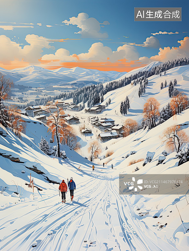 【AI数字艺术】冬天大雪覆盖大地雪场滑雪绘画插画图片素材