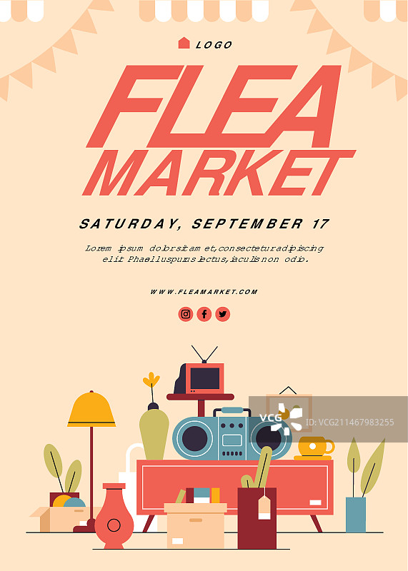 二手跳蚤市场活动的扁平海报模板图片素材