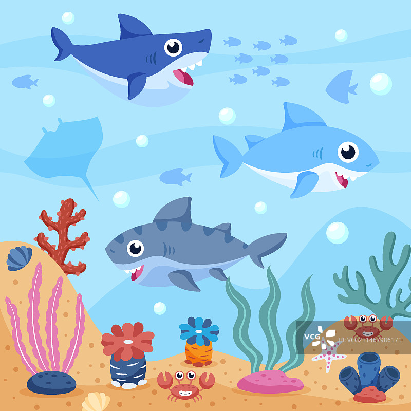 海洋中的小鲨鱼插画包图片素材