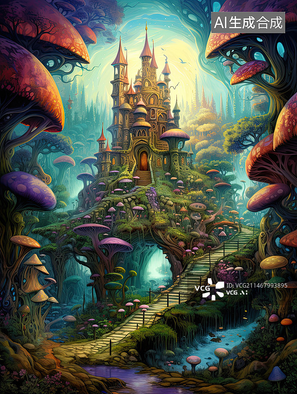 【AI数字艺术】森林奇异科幻童话蘑菇树城堡阶梯插画图片素材