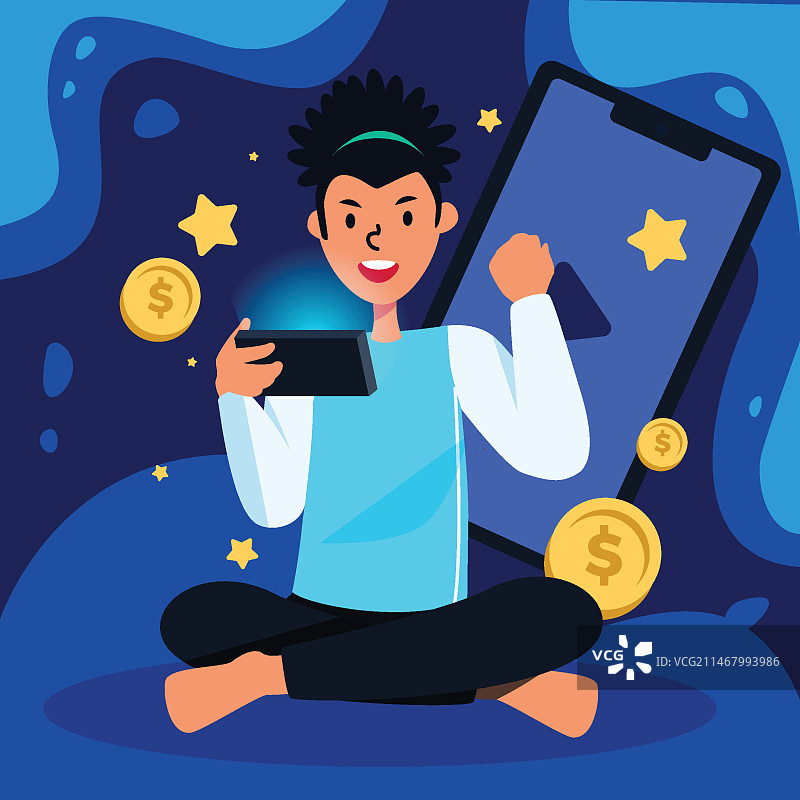 手机视频游戏中的获胜金币概念图片素材