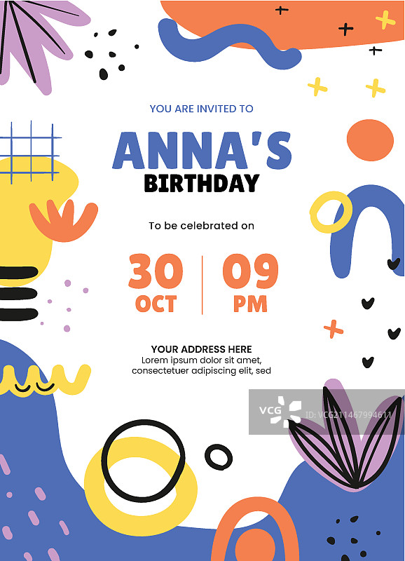 手绘抽象图形生日邀请函模板图片素材