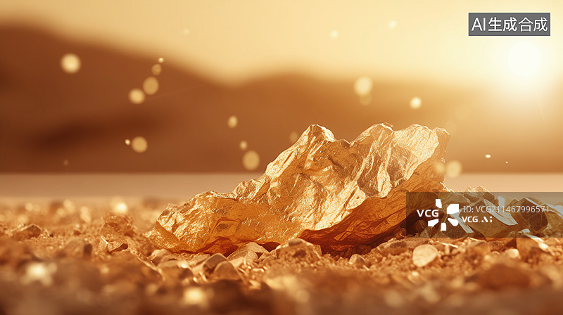 【AI数字艺术】微距拍摄沙地上的一块原金金块图片素材