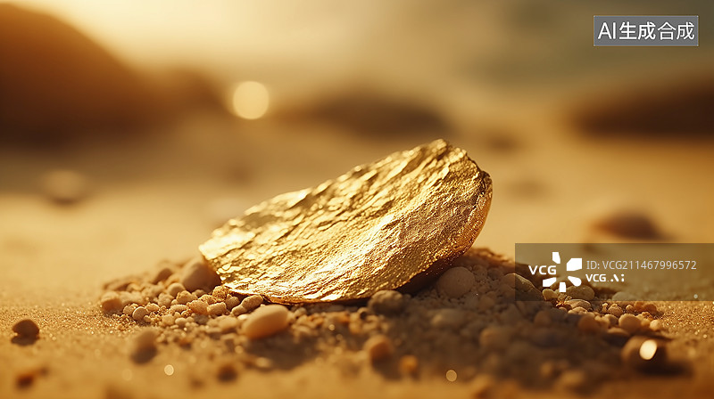 【AI数字艺术】微距拍摄沙地上的一块原金金块图片素材