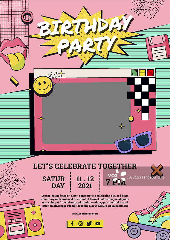 手绘90年代怀旧生日竖版海报模板图片素材