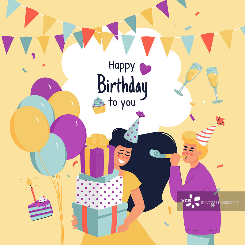生日快乐扁平风插画设计图片素材