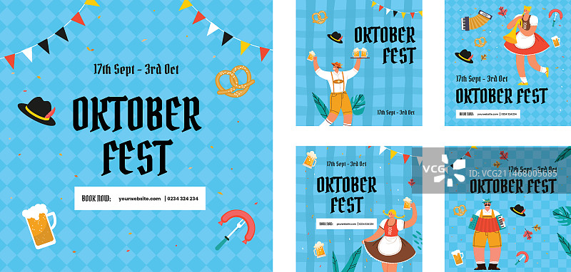 扁平风格的啤酒节Instagram帖子合集图片素材